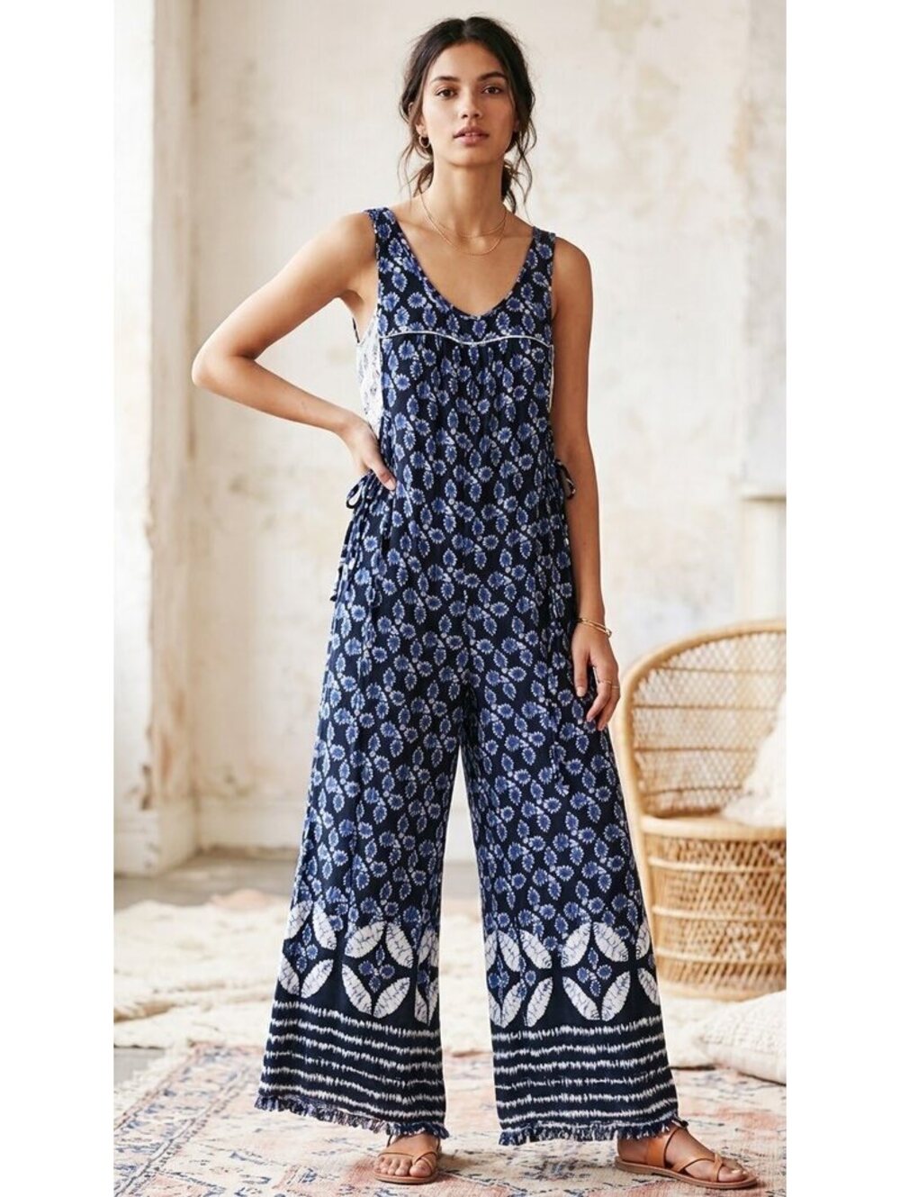 Anthropologie Blue Floral Wide-Leg Jumpsuit Size S